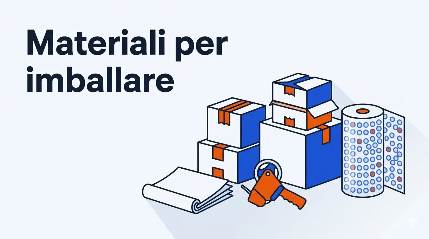 Illustrazione di scatole, nastro adesivo, pluriball e carta da imballaggio