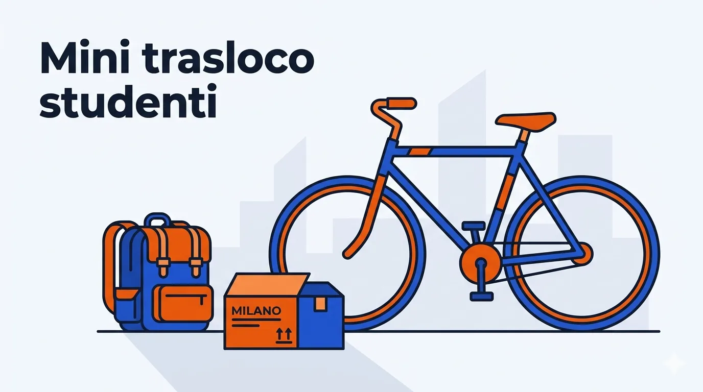Illustrazione di uno zaino, qualche scatola e una bicicletta