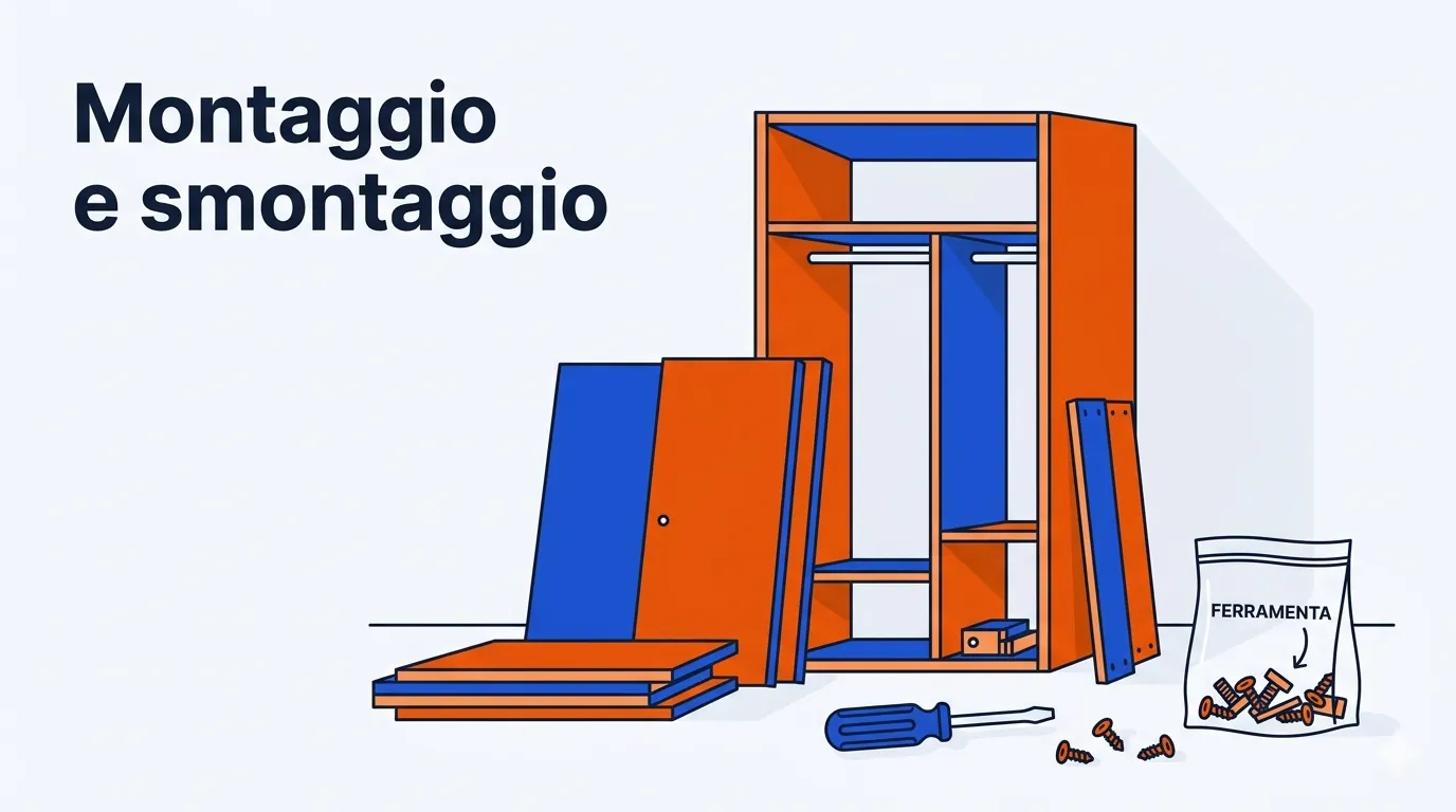 Illustrazione di un mobile smontato con cacciavite, viti e una bustina