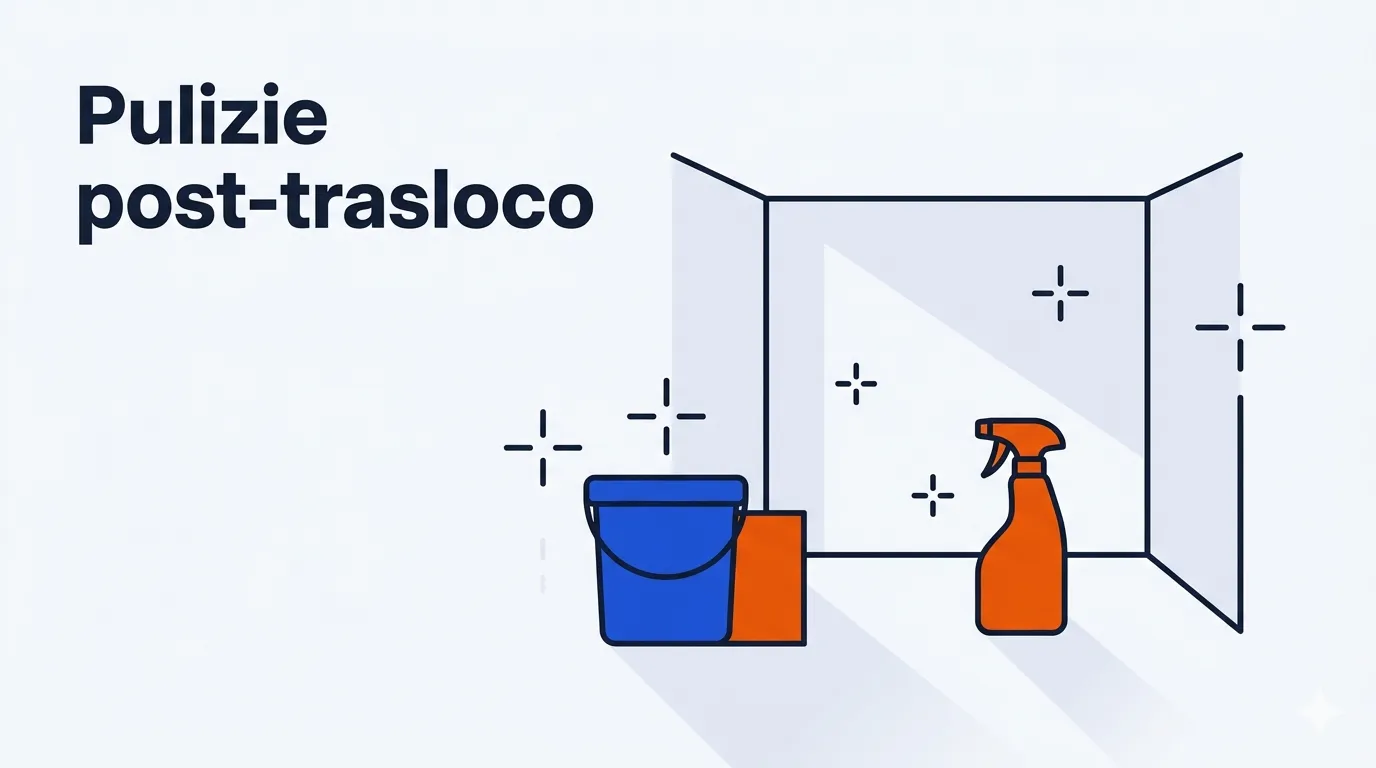 Illustrazione di secchio, spray e scintille di pulito in una stanza vuota