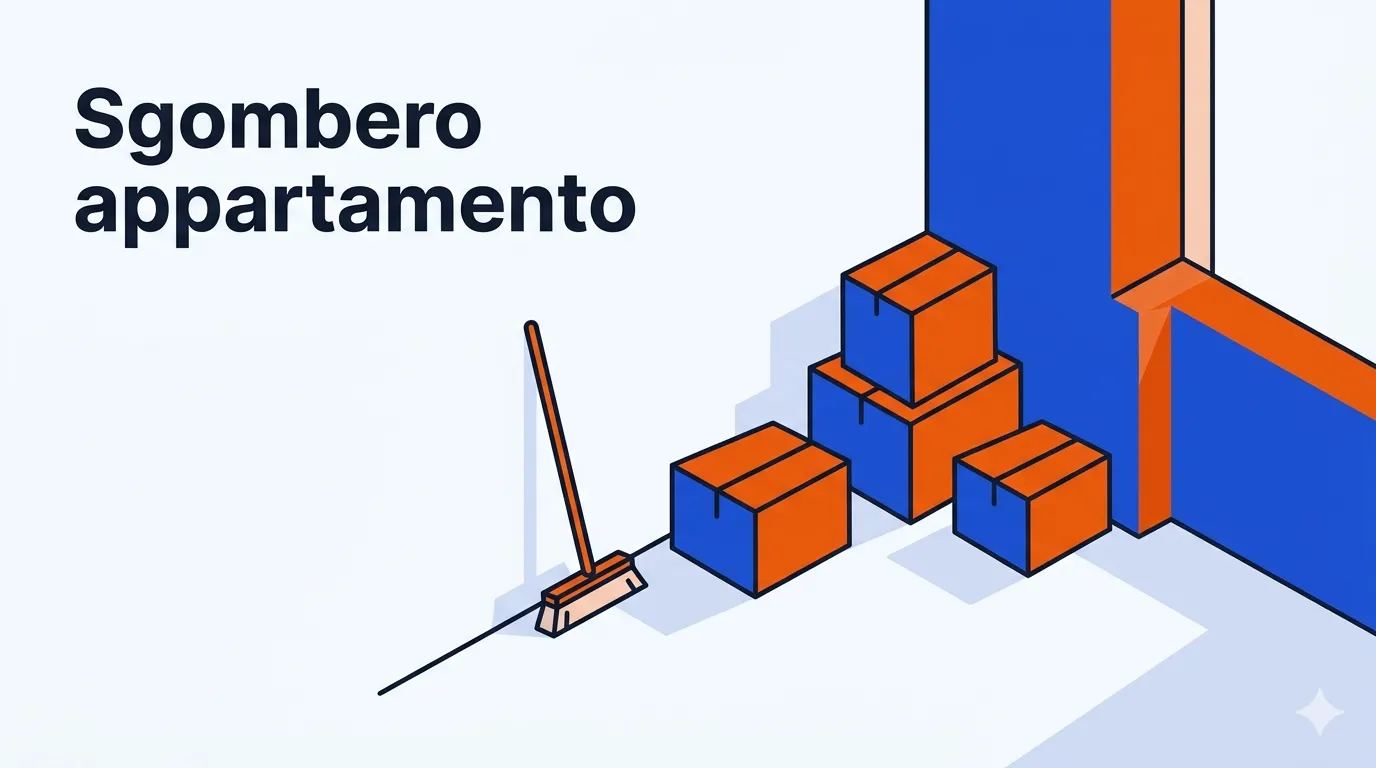 Illustrazione di un appartamento svuotato con poche scatole e una scopa