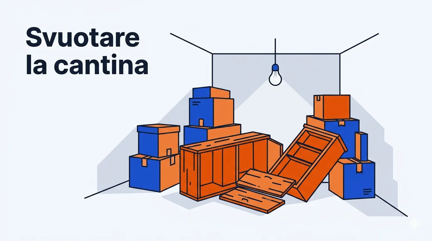 Illustrazione di una cantina con scatole, vecchi mobili e una lampadina