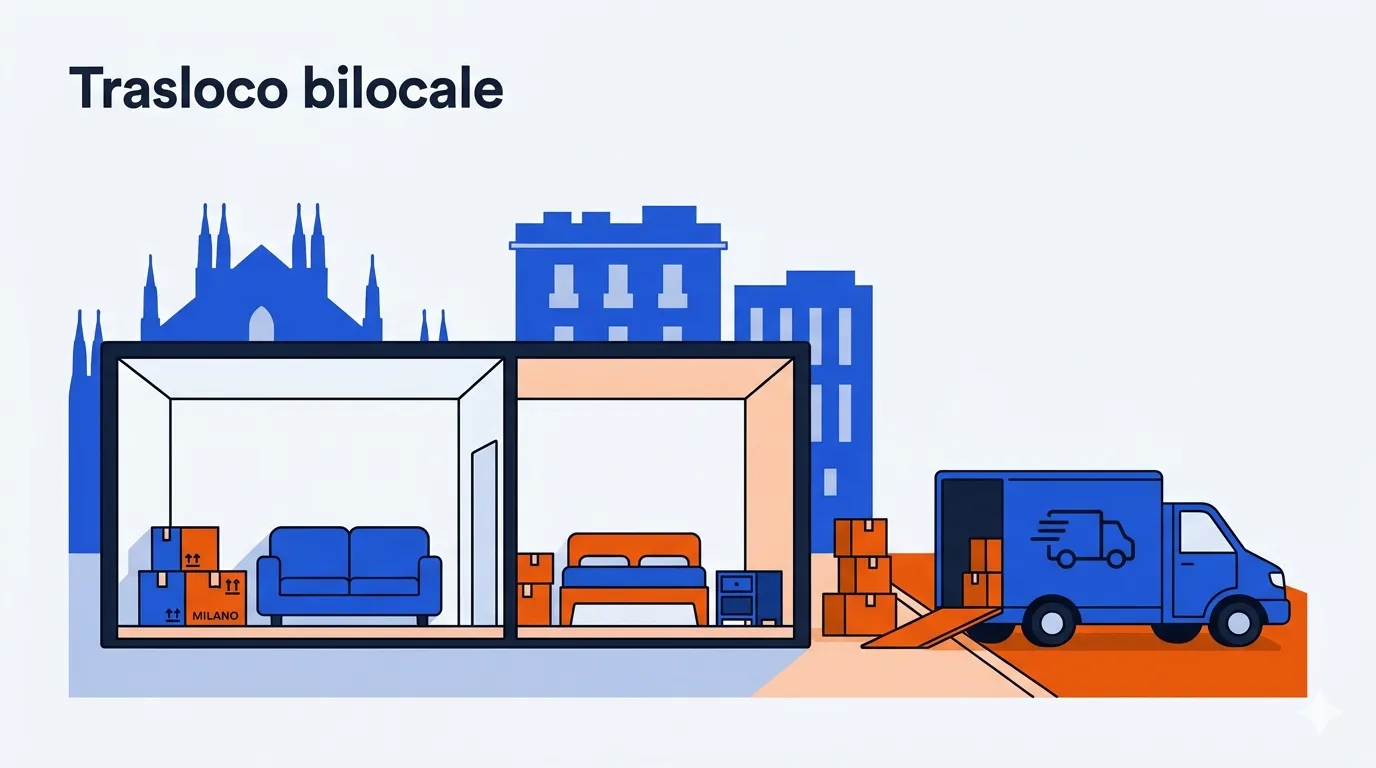 Illustrazione di un piccolo appartamento con divano, scatole e un furgone
