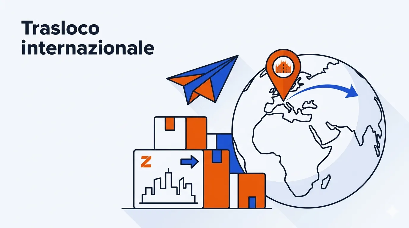 Illustrazione di scatole, un aereo e un globo con un pin su Milano