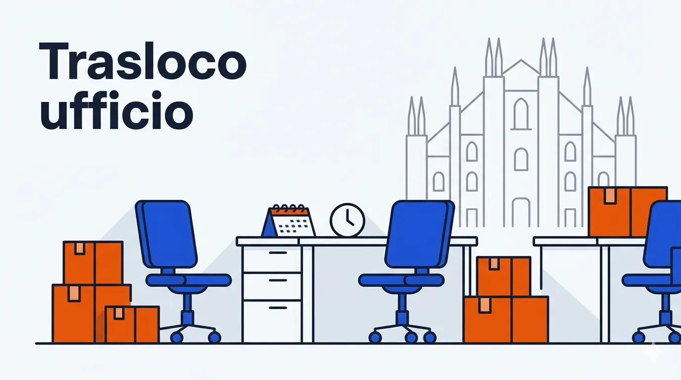 Illustrazione di scrivanie, sedie da ufficio e scatole con un calendario